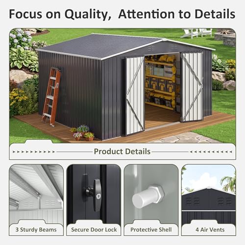 Image of AirWire 10x12 FT Outdoor Storage Shed, Metal Garden Shed with Updated Frame Structure and Lockable Doors, Heavy Duty Weatherproof Tool Sheds for Backyard Garden Patio Lawn, Black