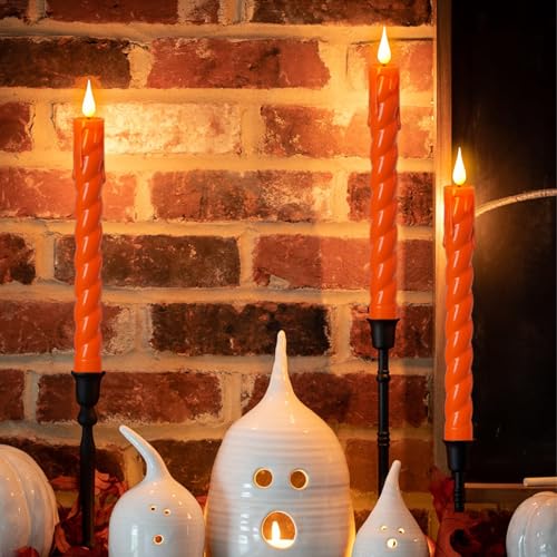 Image of Flickering Flameless Taper Candles with Remote and Timer, 2 Pack Battery Operated LED Taper Candles 3D Wick Plastic Dripping Effect Dinner Halloween Indoor Decor(Orange, 0.78 inch D x 9.65 inch H)