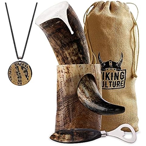 Viking Culture 12 Oz. Viking Drinking Horn with Beer Opener, Stand, Viking Pendant and Vintage Burlap Bag, Natural Finished with Authentic Medieval Norse Style Cover