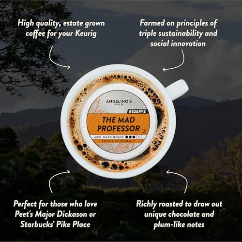 Image of Angelino's Coffee Mad Professor Coffee Pods, 24 Count - Medium-Dark Roast Colombian Reserve, K Cup Compatible for Keurig - Dark Chocolate, Nectarine, Plum & Blueberry Notes