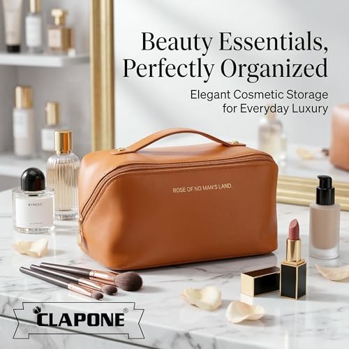 Image of Cosmetic Bag for Women, PU Leather Makeup Pouch, Large Capacity Travel Makeup Organizer with Divider & Handle, Waterproof Portable Vanity Storage Bag for Toiletries (Brown)