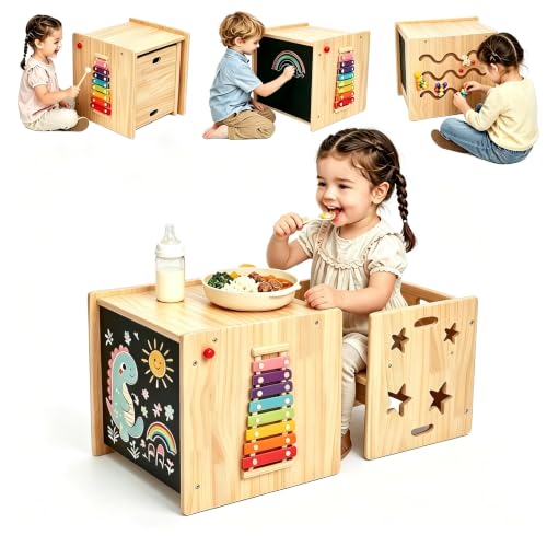 Image of Montessori Weaning Table and Chair Set for Toddlers Age 1-3, Multi-Sensory | Flip Stool to Adjust Height,Blackboard, Animal Matching Maze, Xylophone, Natural Wood,CPC Certification, for Dining, Painting