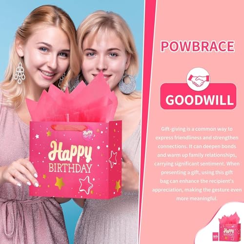 Image of Powbrace 16 inch Pink Happy Birthday Gift Bag with Tissue Paper and Greeting Card for Party,Happy Birthday Gift Bag for Men Women,Gift Bags Extra Large(2 PCS Pink Hot Stamping)