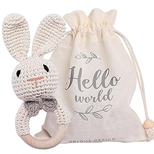 Youuys Wooden Baby Rattle for Newborn, Crochet Bunny Rattle Toy Natural Wood , Music Shaker Rattle for Hand Grips, Boy…