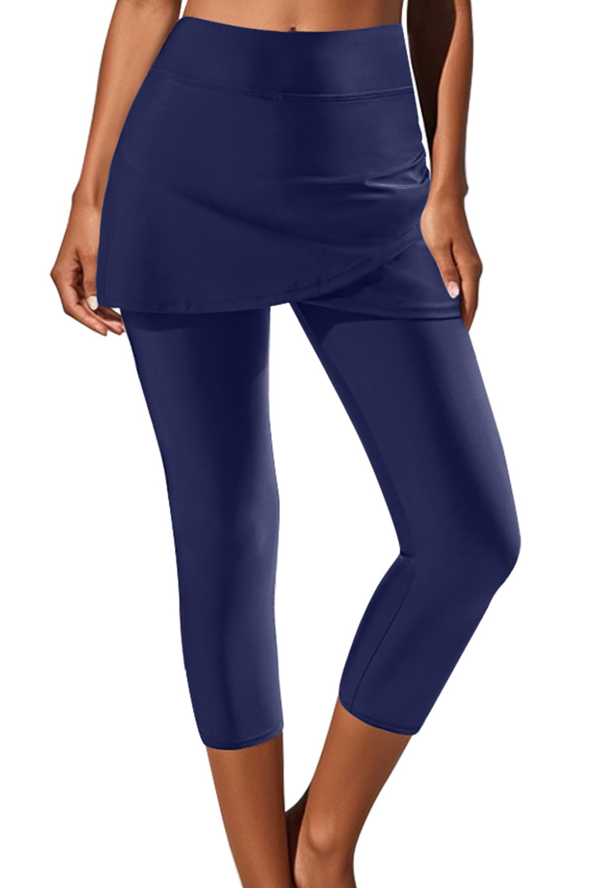 Swim Leggings with Skirt - Women Swimming Pants Capris Swimsuit High Waisted UV Swimwear Tights, Navy Blue, Medium