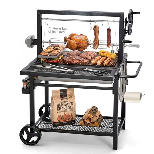 MFSTUDIO Santa Maria Grill, Charcoal & Wood BBQ Grill with Adjustable Height & Dual Porcelain-Enameled Charcoal Trays, Large Outdoor Open Fire Grill for Backyard, 666 SQ.IN. Cooking Area