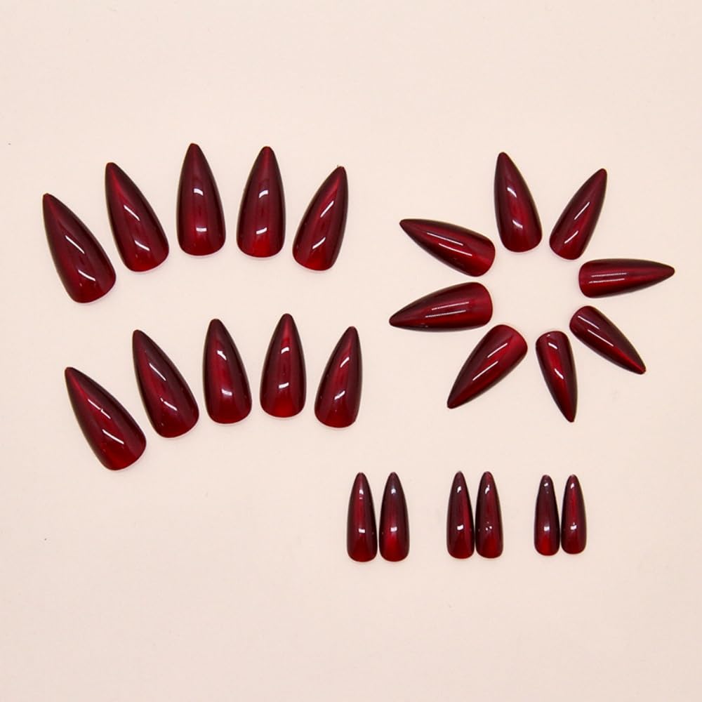 JUSTOTRY 24 Pcs Dark Red Cat Eye Almond False Nails Short,Burgundy Press on Nails Pattern,Glossy Fake Nail Medium for Nail Art,Cateye French Oval Stick on Nail for Women Gifts - Image 3