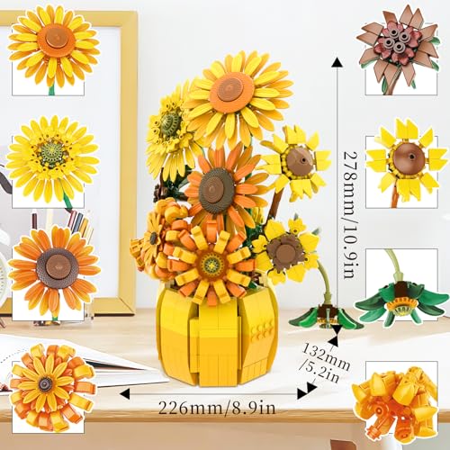 Image of Flowers Building Sets for Adults, Van Gogh Prints Art Botanical Collection for Woman Girls 14+, Sunflowers Pot Bouquet Plants Kits Compatible with Lego Flowers, Home Decor /Christmas /Valentine, 11002