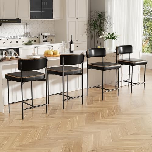 Image of Bar Stools Set of 4, Faux Leather Counter Height Barstools with Curved Back, 25 Inch Upholstered Bar Chairs, Modern Counter Stools for Kitchen lsland, Black