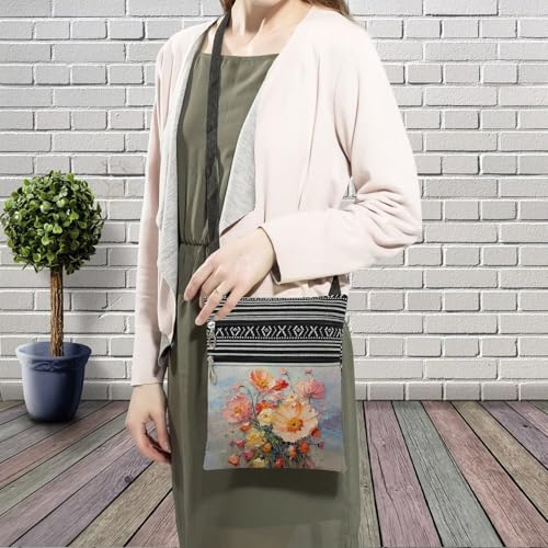 Oil Painting Pink Flower Messenger Bag Small Ethnic Pattern Printed Adjustable Strap Crossbody Zipper Bag Oil Painting Pink Flower Phone Organizer Wallet Cute Shoulder Handbag for Women3