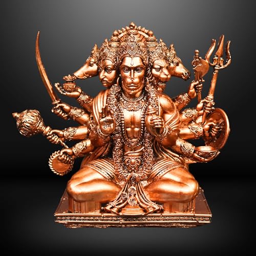 Panchmukhi Hanuman Idol - 6 Inches Polystone Statue - Brass, Copper, Orange & Antique Silver Finish - Vastu Decorative Hanuman Murti for Home & Office Decor (Copper Colour)