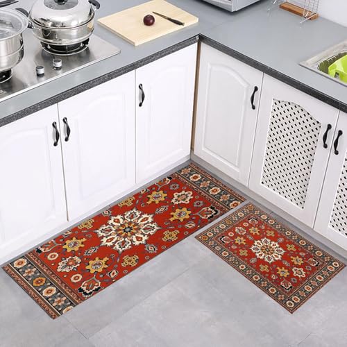 Tapis de Cuisine 2 pièces Style Traditionnel Ethnique Absorbante, Rouge Tapis de Sol Motifs Formes Géométriques Antidérapante Pliable, pour Cuisine Salle...