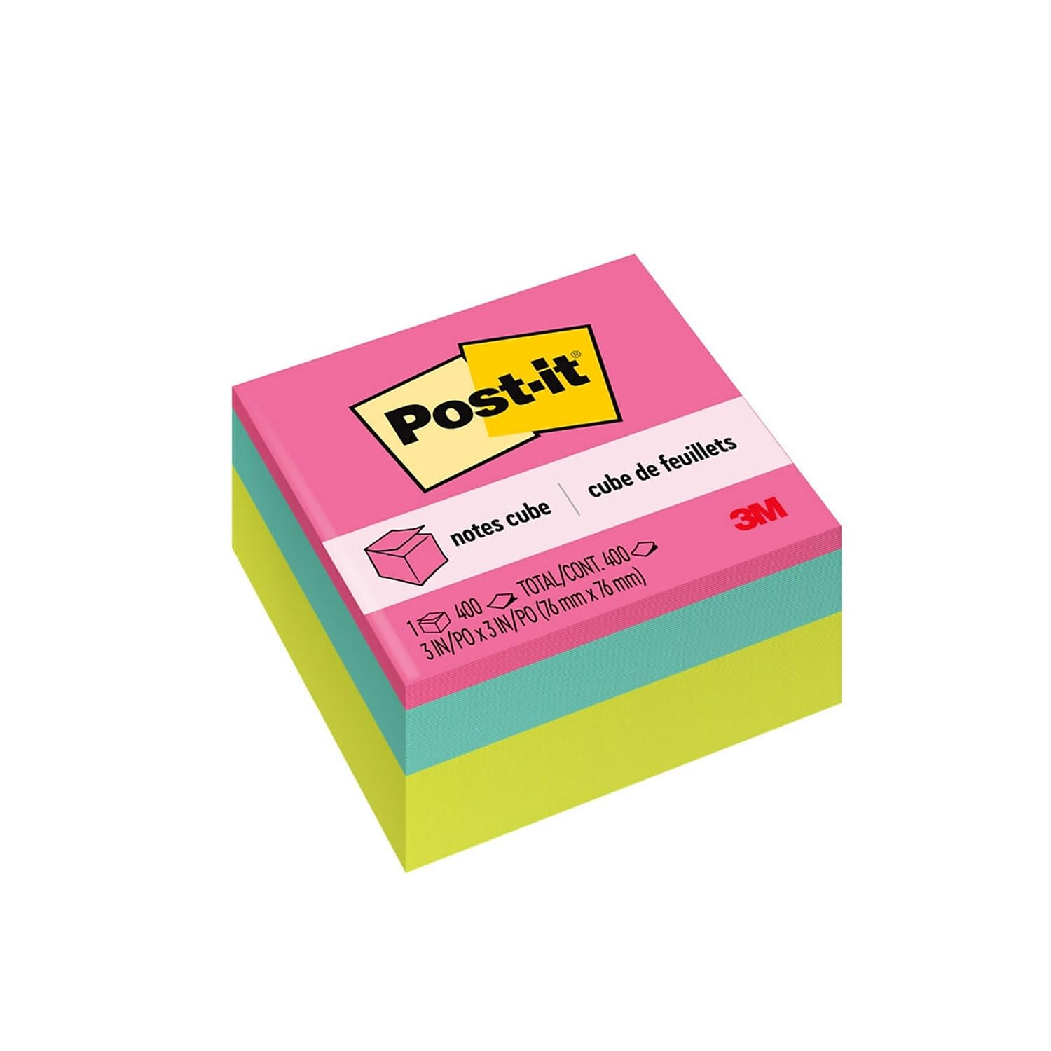Post-it Bloc-notes de 7,6 x 7,6 cm, couleurs vives, 400 feuilles par cube