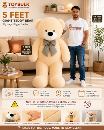 Image of 5 Feet Cream Teddy Bear Original 20mm Dull Cream Fur (60 Inches) Giant Soft Plush Toy | Premium Stuffed Teddy Bear for Kids, Girls, Boys & Loved Ones | Birthday, Anniversary, Valentine