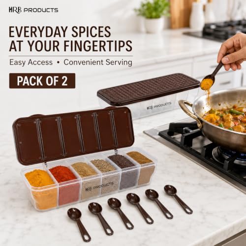 Image of Multipurpose 6-in-1 Masala Box for Kitchen, Airtight BPA-Free Plastic 6 Section Storage Container with 6 Spoons, 1800 ml Transparent Pickle Box for Spices, Dry Fruits,Snack (2)