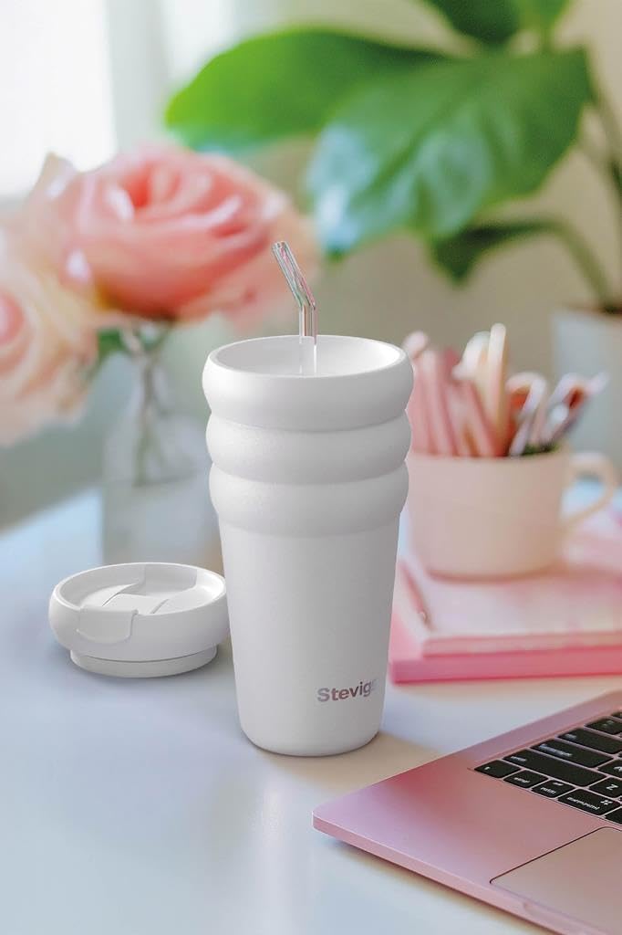 3 Bubble Two-Cap Straw Tumbler | 20 oz | Insulated Stainless Steel Tumbler with 2 Lids | Double Wall Vacuum Water Bottle Sip and Straw Travel Mug – White Stone ST-249
