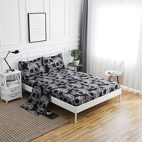 SDIII 4PC Black and White Skull Bed Sheets Microfiber Queen Skeleton Bedding Sheet Sets With Flat Sheet, Fitted Sheet and Pillowcase Cover