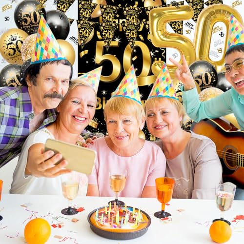 50. Geburtstag Deko Set Schwarz Gold - Komplette Dekoration für Männer und Frauen, XXL Hintergrundbanner, Zahlenluftballon 50, Dreiecksgirlande & Konfetti | 50 Geburtstag Party Deko Mann Frau