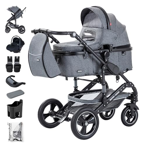 Daliya® BAMBIMO 3in1 Kinderwagen & Buggy Set mit i-Size Babyschale (ECE R129) – Kombikinderwagen ab Geburt bis 22 kg, pannensichere Räder, Federung, höhenverstellbar (Dunkelgrau - Rahmen Schwarz)