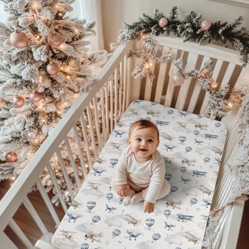 Image of Vintage Planes Airplanes Helicopters Baby Crib Sheets Boy Girl 28 inchx52 inch Hot Air Balloon Plane Clouds Sky Soft Stretchy Fitted Crib Mattress Cover Baby Sheet for Standard Crib & Toddler Mattress Pad