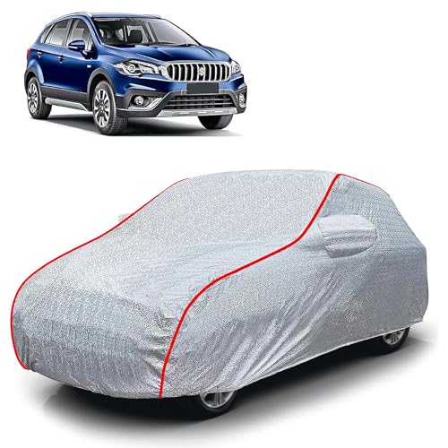 Image of Sulfar 100% Waterproof Car Body Cover Compatible with Mirror for Maruti Suzuki SCross (Triple Stitched, Full Bottom Elastic, Magic Silver with Red Piping)