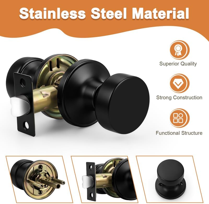 Probrico Black Door Knobs Interior, Closet Door Knobs, Passage Door Handles, 3 Pack