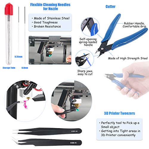 Glarks 34-teiliges 3D-Drucker-Düsen-Reinigungswerkzeug-Set, inklusive 0,35 mm 0,4 mm Reinigungsnadeln, Holzschnitzwerkzeug-Set, Messerreinigungsset, Pinzette, Schaber, Drahtschneider – Bild 4