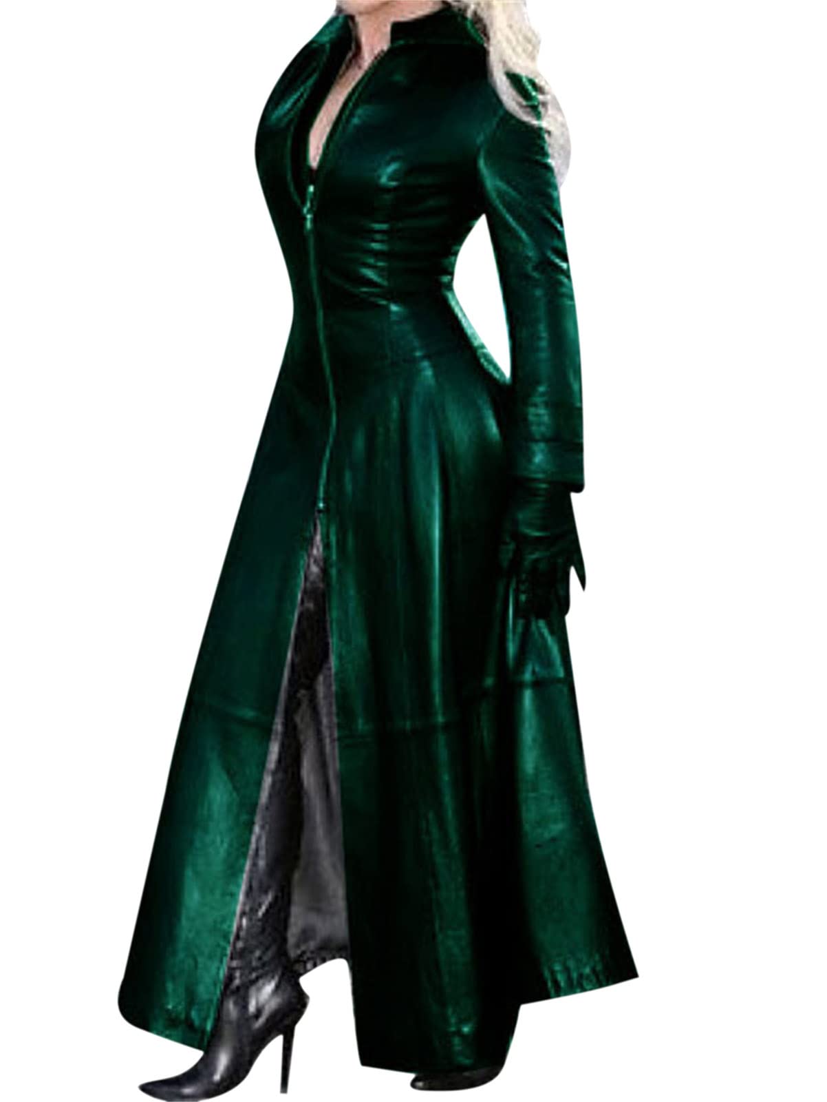 each women Womens Full Length Green Leather Trench Coat Ladies Windbreaker Long Faux Leather Overcoat Jacket