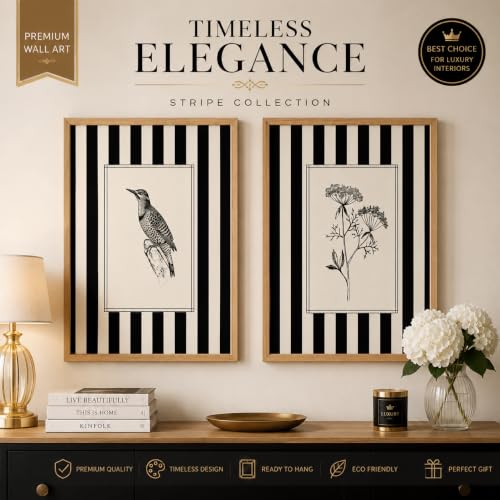 Image of TheMakerly Set of 2 Minimalist Black & White Framed Wall Painting for Living Room | Modern Botanical & Bird Illustration Wall Art | Aesthetic Striped Wall Decor Frames for Bedroom, Office & Hall (M.2, 13x19 inches)