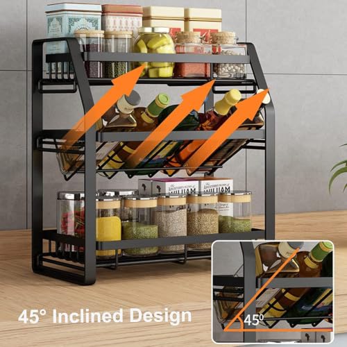 Image of KIMEE 3 Tier Spice Organizer Rack for Cabinet | Heavy Duty Metal Kitchen Storage Shelf Stand with 45 Degree Angled Middle Tier | Detachable Space Saving Countertop Spice Racks Holder (Matte Black)