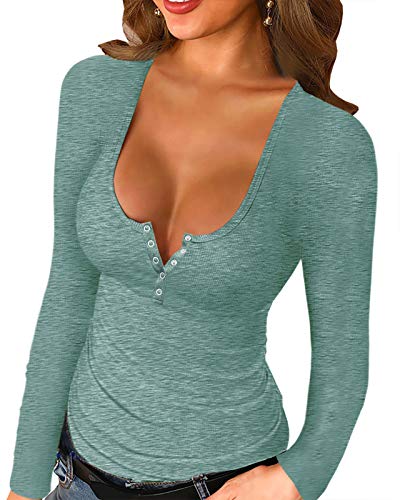 Womens Scoop Neck Henley Sweatshirts Low Cut Solid Sexy Fall Long Sleeve Button Down Shirts