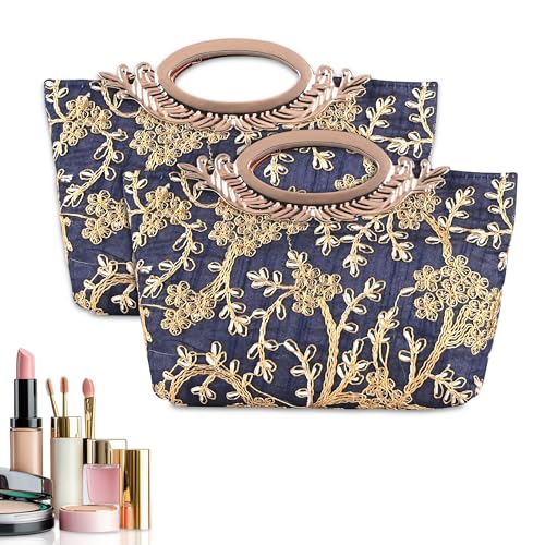 Image of Kuber Industries 2 Pcs Polyester Purse for Woman with Zip Closure | Gift Items for Women and Girls | Stylish Embroidered Ladies Purse | Kada Design - Blue