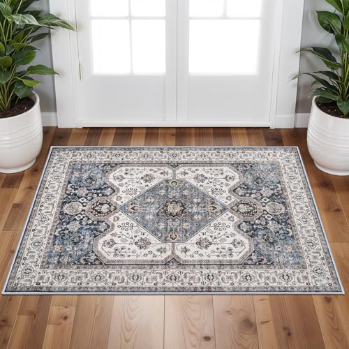RUUGME Washable 2x3 Area Rug - Boho Rugs for Entry Way Stain Resistant Carpet Vintage Rugs for Bedroom Kitchen Bathroom with Non Slip Backing Floor Decoration Mat 2x3 Navy
