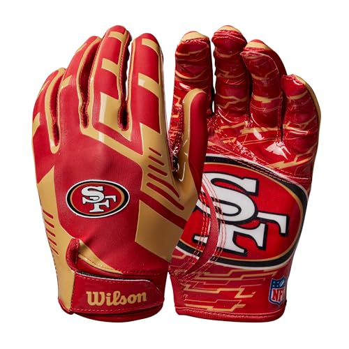 Wilson Guanto Da Football Ad Nfl Stretch Fit, Vestibilità Sicura E Presa Salda, In Tessuto Traspirante, Per Prestazioni Ottimali, Squadra: San Francisco 49Ers, Colore: Rosso/Oro, Taglia Adulto - 3