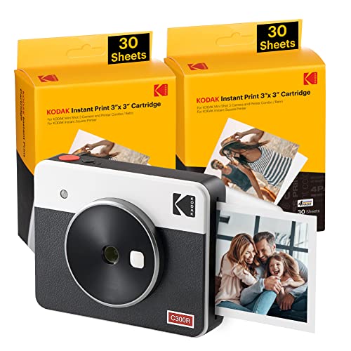 KODAK Mini Shot 3 Retro 4PASS 2-in-1 Instant Camera and Photo Printer (3×3 inches) + 68 Sheets Bundle, White