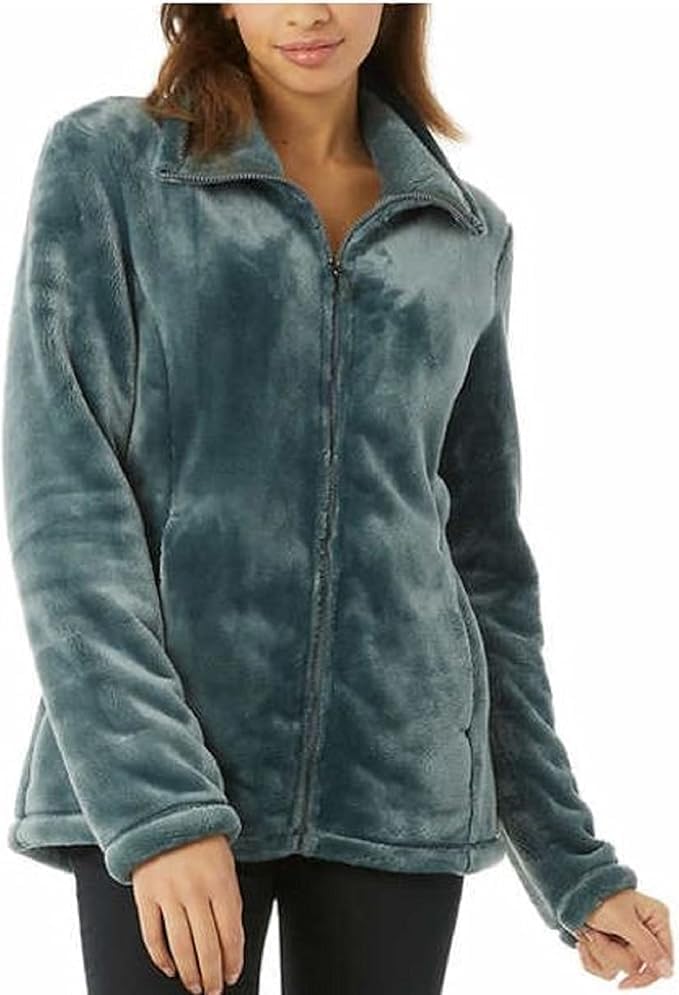 32 Degrees Women's Plush Faux Fur Jacket, Full Zip, Green, XS
