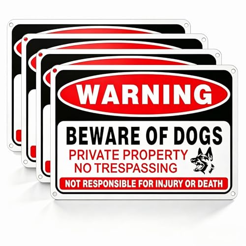 4 Pack Beware of Dog Sign 10x7 inch High Reflective Beware of Dog Signs for Fence Private Property No Trespassing Warnings Aluminum Metal Signs for Garden & Yard Decor