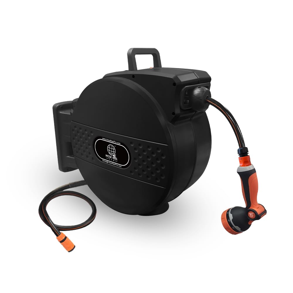 Retractable Garden Hose Reel, 30m Wall-Mounted Garden Hose with Automatic Rewind, 10-Function Spray Nozzle, 150° Swivel Bracket, Heavy-Duty Leak-Proof Design, Black (Black)