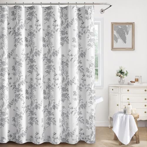 XOGUIBO Grey Floral Shower Curtain,Vintage Cotton Cottagecore Gray Shower Curtains