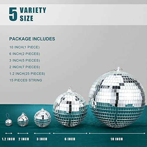 40 Pack Mirror Disco Ball In Variety Silver Hanging Glass Mirror Ball Light Ball With String Disco Hanging Ornament For Club Stage Bar Birthday 70S Party Decoration (10/ 6/ 3/ 2/ 1.2 Inch) #TOP1