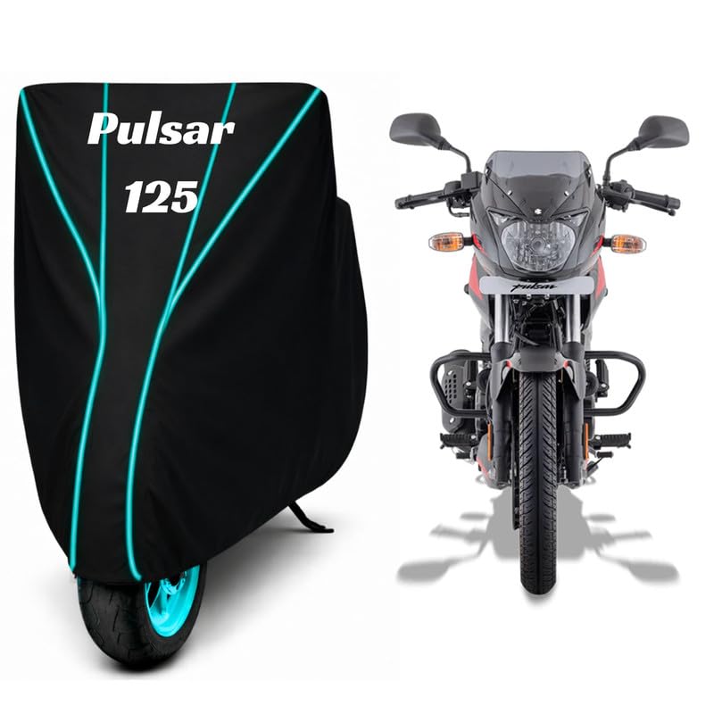 Image of Premium Bike Cover for Bajaj Pulsar 125, Water Resistant, Dustproof, UV Protected, Scratchproof Motorcycle Cover for Outdoor Use, All Weather Protection (Black & Aqua Piping)