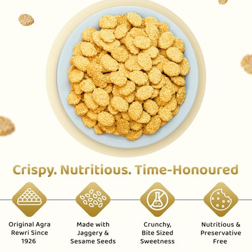 Image of Panchhi Rewri 250 Gram - Homemade Traditional Agra Rewri (Since 1926), Gajjak Made with Sesame Seeds, Gur | Crispy Tilkut Chikki, Healthy Jaggery Sweet for Winter, Festival & Gift
