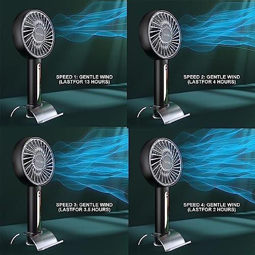 Handventilator, Ventilator Klein Handventilator Akku Aufladbar mit 4 Windgeschwindigkeit und Einstellbare Kopfstützen, USB Ventilator Tragbarer Fan für Reisen, Büro, Zuhause, Draußen, Innen - Schwarz 4