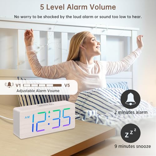 Image of DreamSky Wooden Digital Alarm Clock for Bedroom, Living Room Desk | RGB Loud Alarm Clock for Heavy Sleepers with Volume Control, Large Numbers with Dimmer, Office Wood Decor (Plug in Clock)