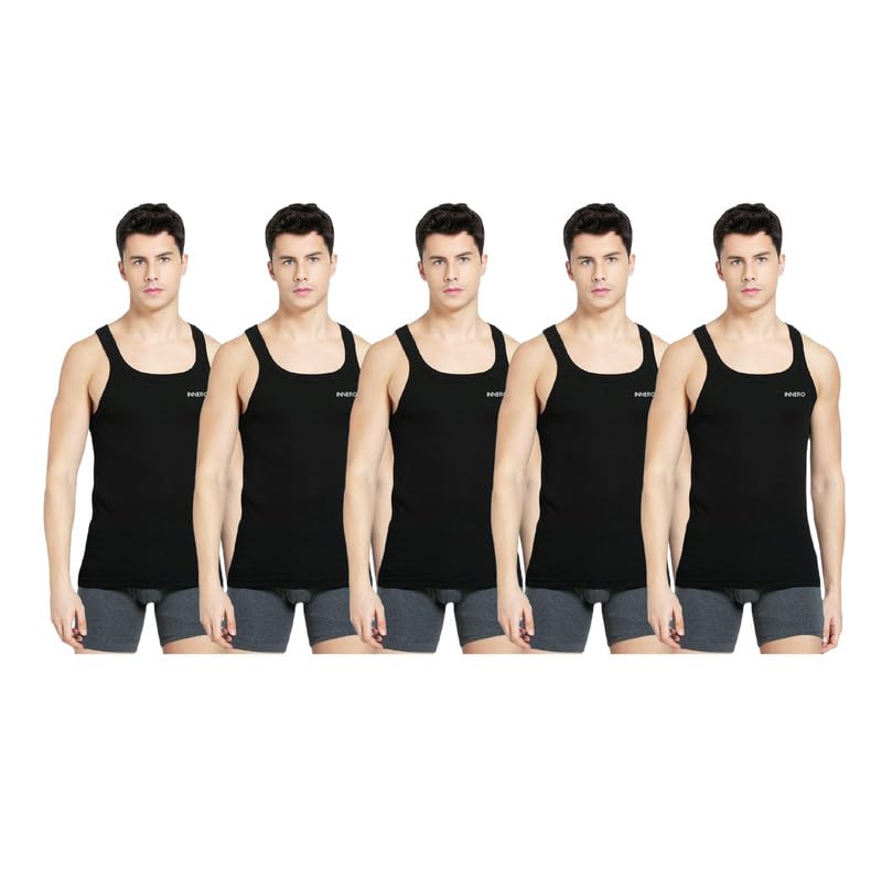 Image of INNERO Men's Black Baniyan Cotton Sleeveless Gym Vest