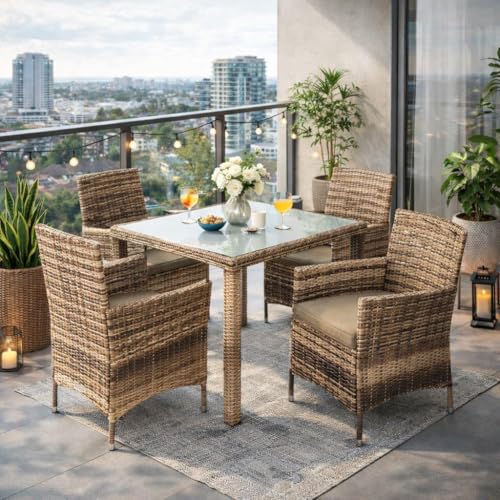 ESTEXO Polyrattan Gartenmöbel Set Sitzgruppe Rattan Gartenset Essgruppe Stuhl Tisch Set Garten Tisch und Stuhl Set 4 Personen Glas Glastisch (Beige-Braun)