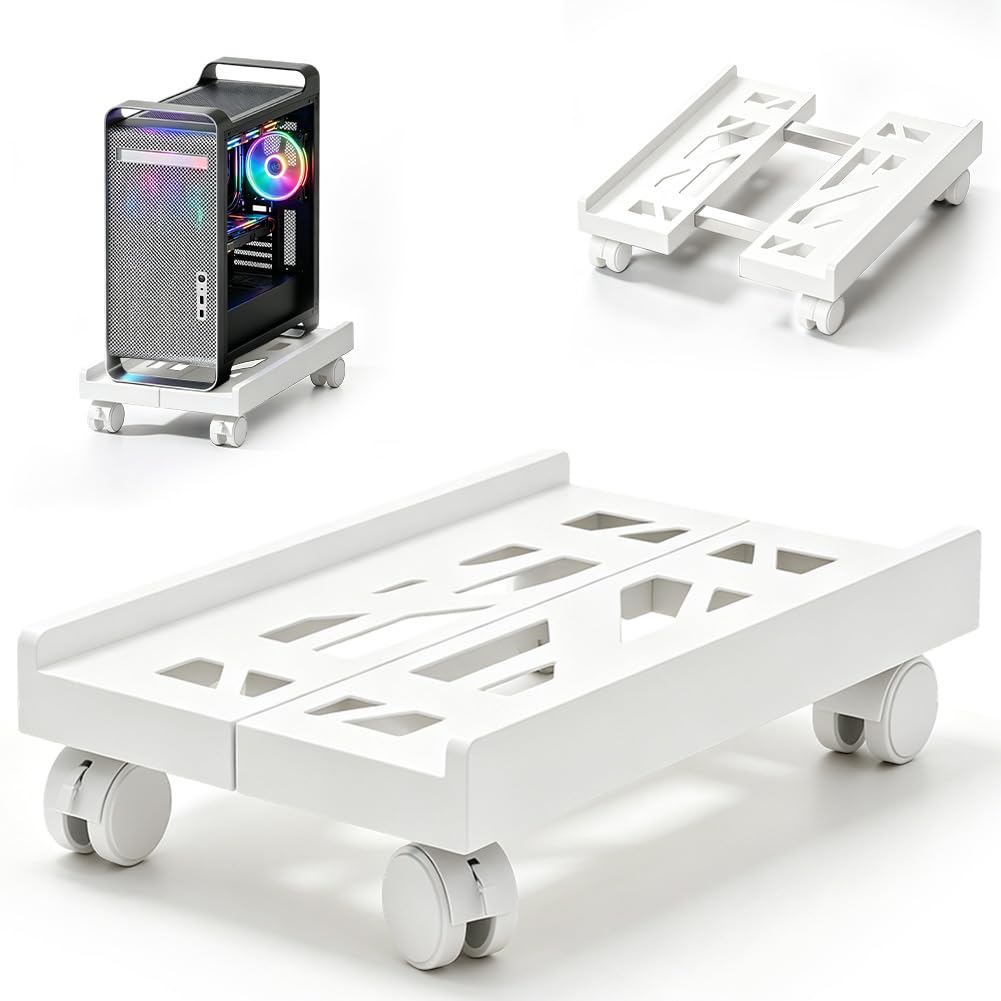 FARYODI Supporto per PC con ruote, supporto per computer tower, supporto per computer PC, supporto per PC, supporto per CPU regolabile, carrello sotto la scrivania, universale per scrivania (bianco)