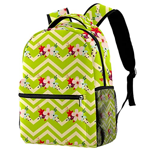 Sac à dos de voyage zigzag vert et fleurs avec porte-bouteille pour enfants
