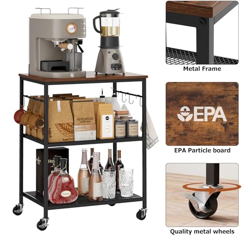 Homleke 3-Tier Rolling Kitchen Microwave Cart, Kitchen Utility Cart on Lockable Wheels, Coffee Bar Table Station with 6 S-Shaped Hooks, Small Appliance Storage Shelf, Rustic Brown and Black
