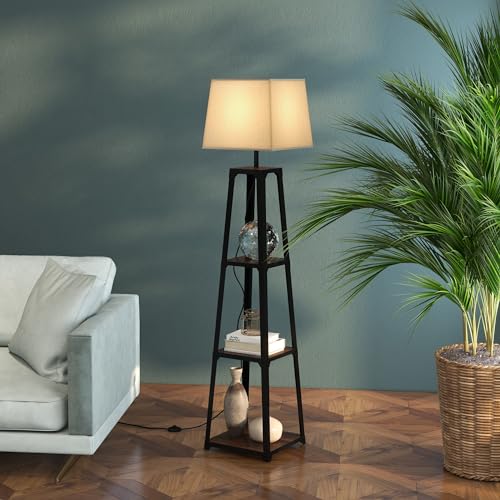 HOMCOM Lampada da Terra in Metallo e MDF a 3 Ripiani con Paralume in Tessuto, Ø42x166 cm, Nero e Beige